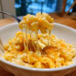 A fork lifting a cheesy portion of 3 ingredient stovetop mac and cheese from a white bowl, showing long cheese strings.