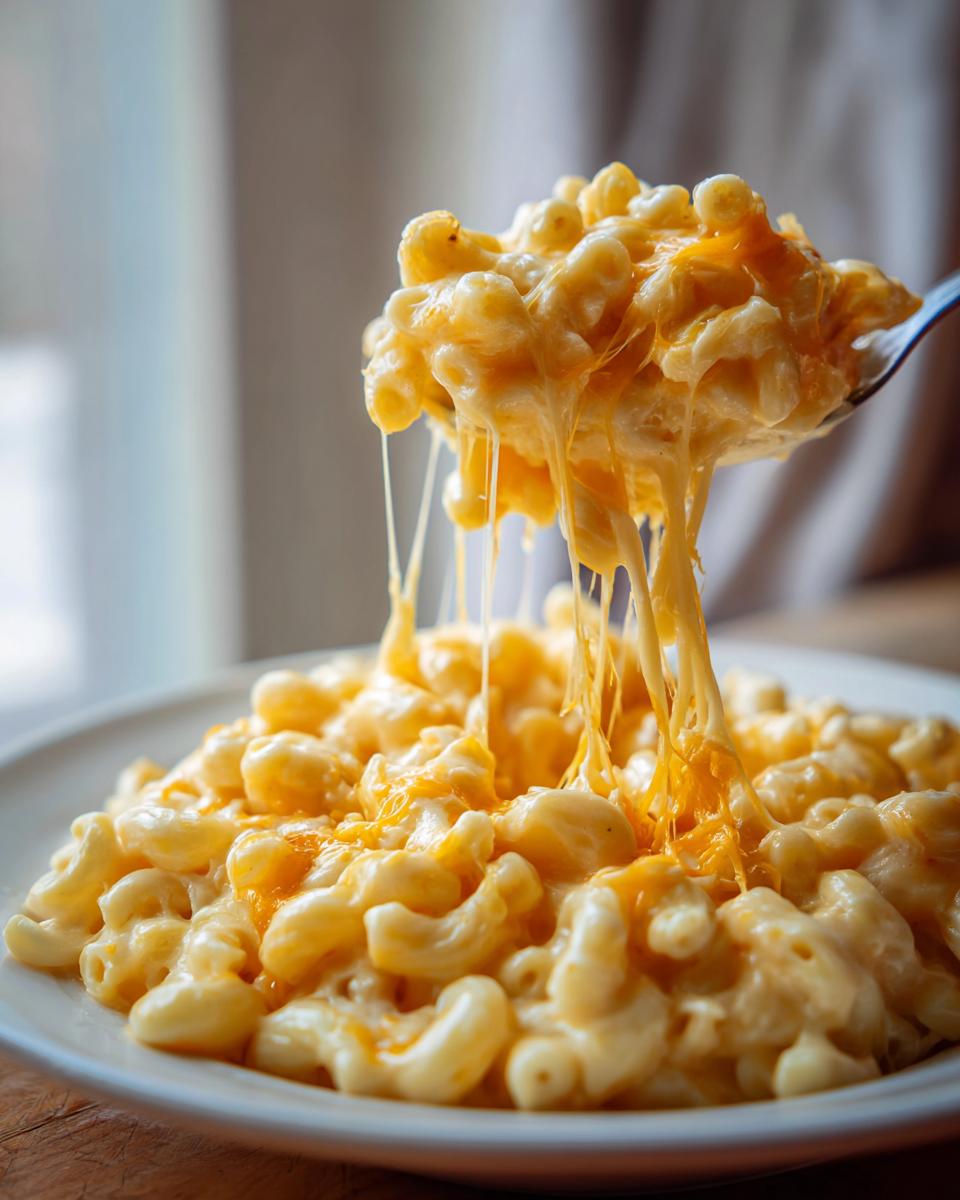A spoonful of creamy 3 ingredient stovetop mac and cheese, with long strings of melted cheese stretching from the plate.