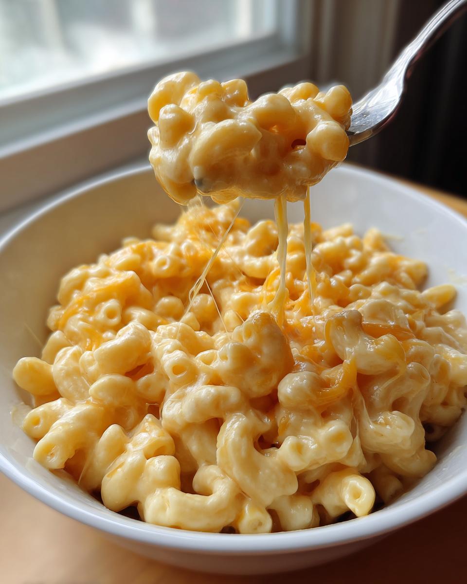 A fork lifting a cheesy portion of 3 ingredient stovetop mac and cheese from a white bowl.