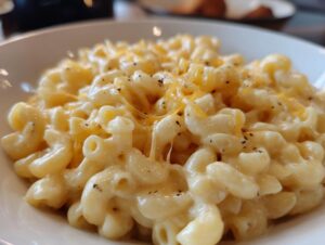 Close-up of creamy 3 ingredient stovetop mac and cheese in a white bowl, topped with shredded cheddar and black pepper.