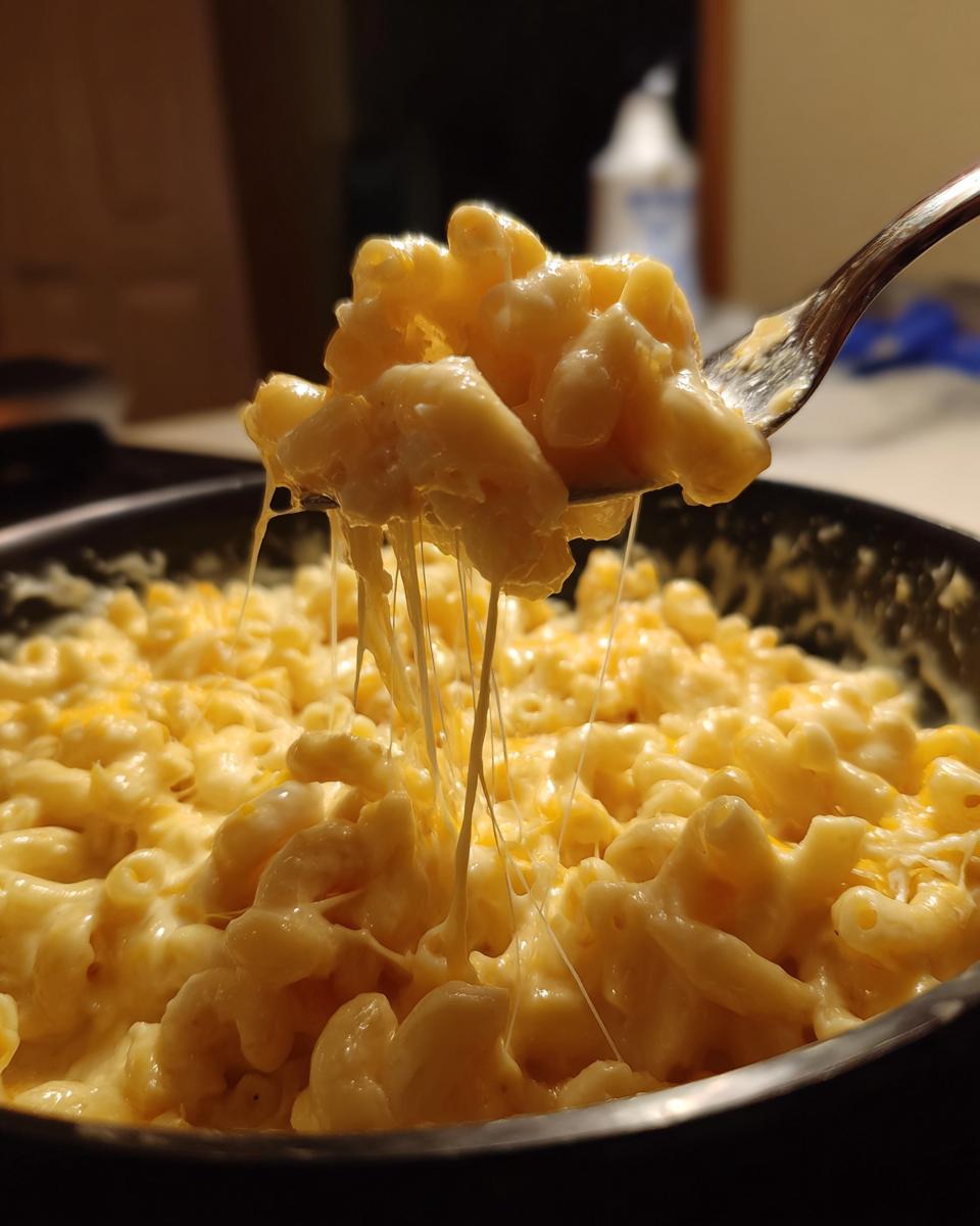 A fork lifting a cheesy portion of 3 ingredient stovetop mac and cheese, with strings of melted cheese stretching.