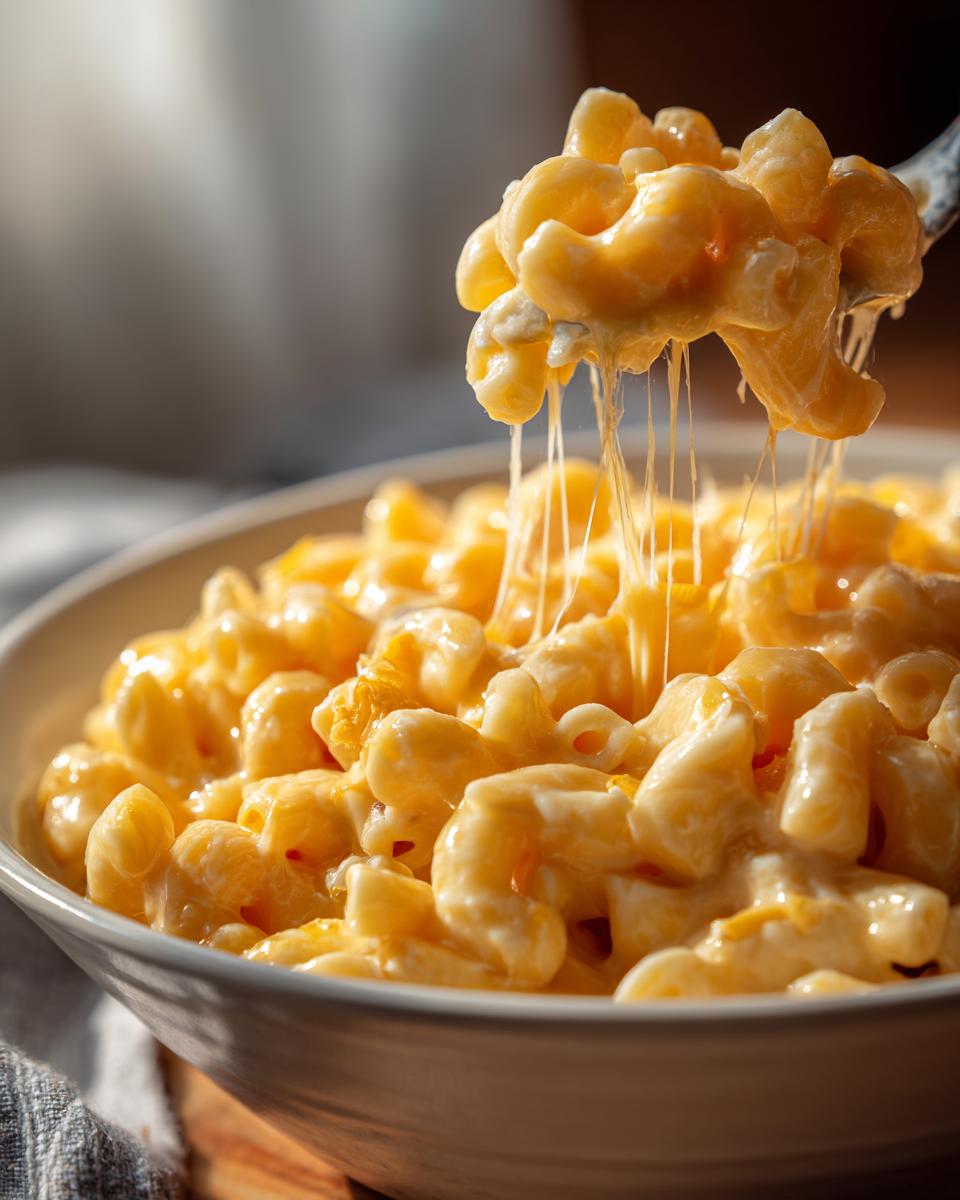 Close-up of creamy 3 ingredient stovetop mac and cheese being lifted with a fork, showing melted cheese strings.
