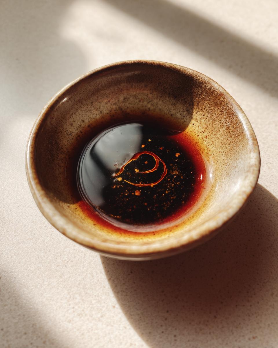 A close-up of a small ceramic bowl filled with dark, rich dumpling sauce, with a swirl of chili oil on top.