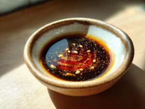 A close-up shot of a small ceramic bowl filled with rich, dark Dumpling Sauce, speckled with sesame seeds and chili oil.