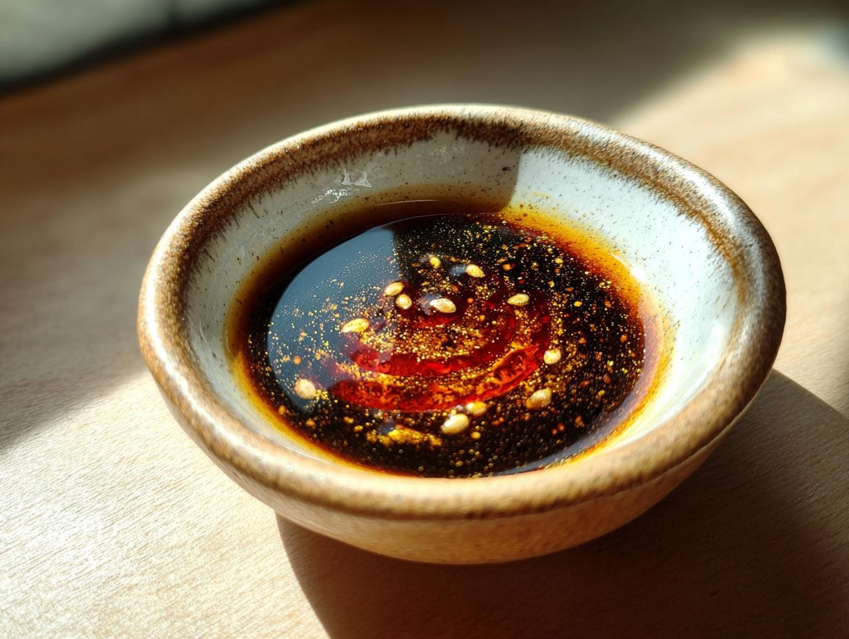 A close-up shot of a small ceramic bowl filled with rich, dark Dumpling Sauce, speckled with sesame seeds and chili oil.