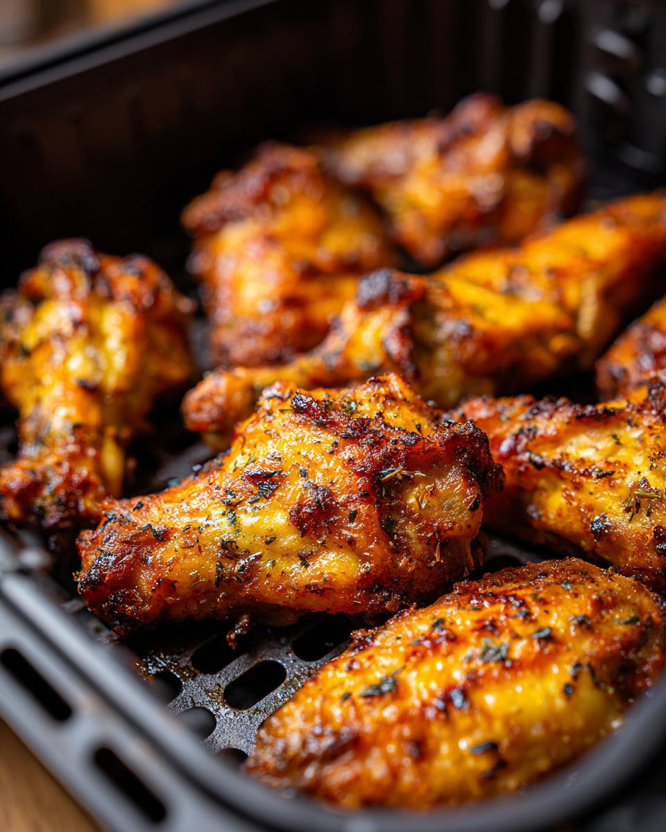 Close-up of golden brown, crispy air fryer chicken wings seasoned with herbs in an air fryer basket.