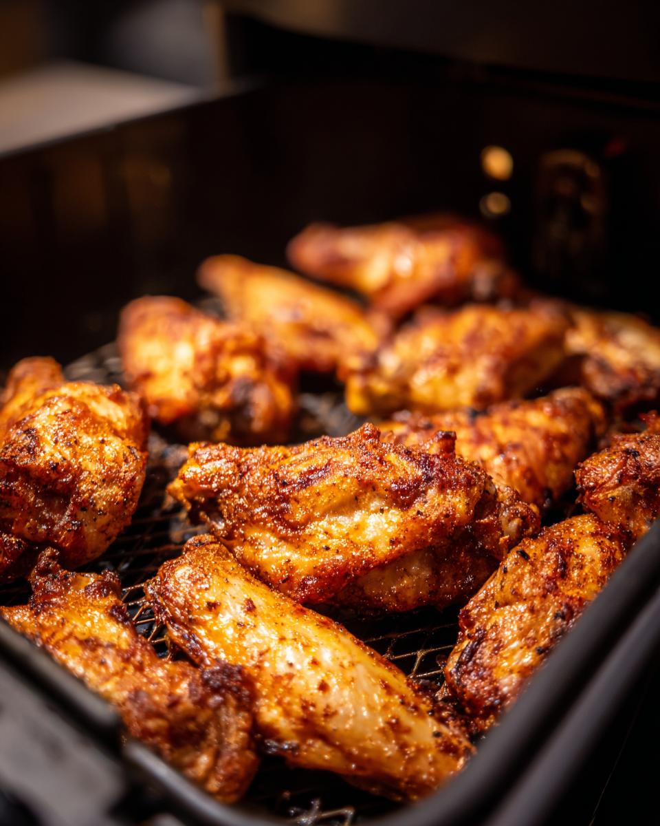 A close-up shot of perfectly cooked, crispy air fryer chicken wings arranged on a rack.