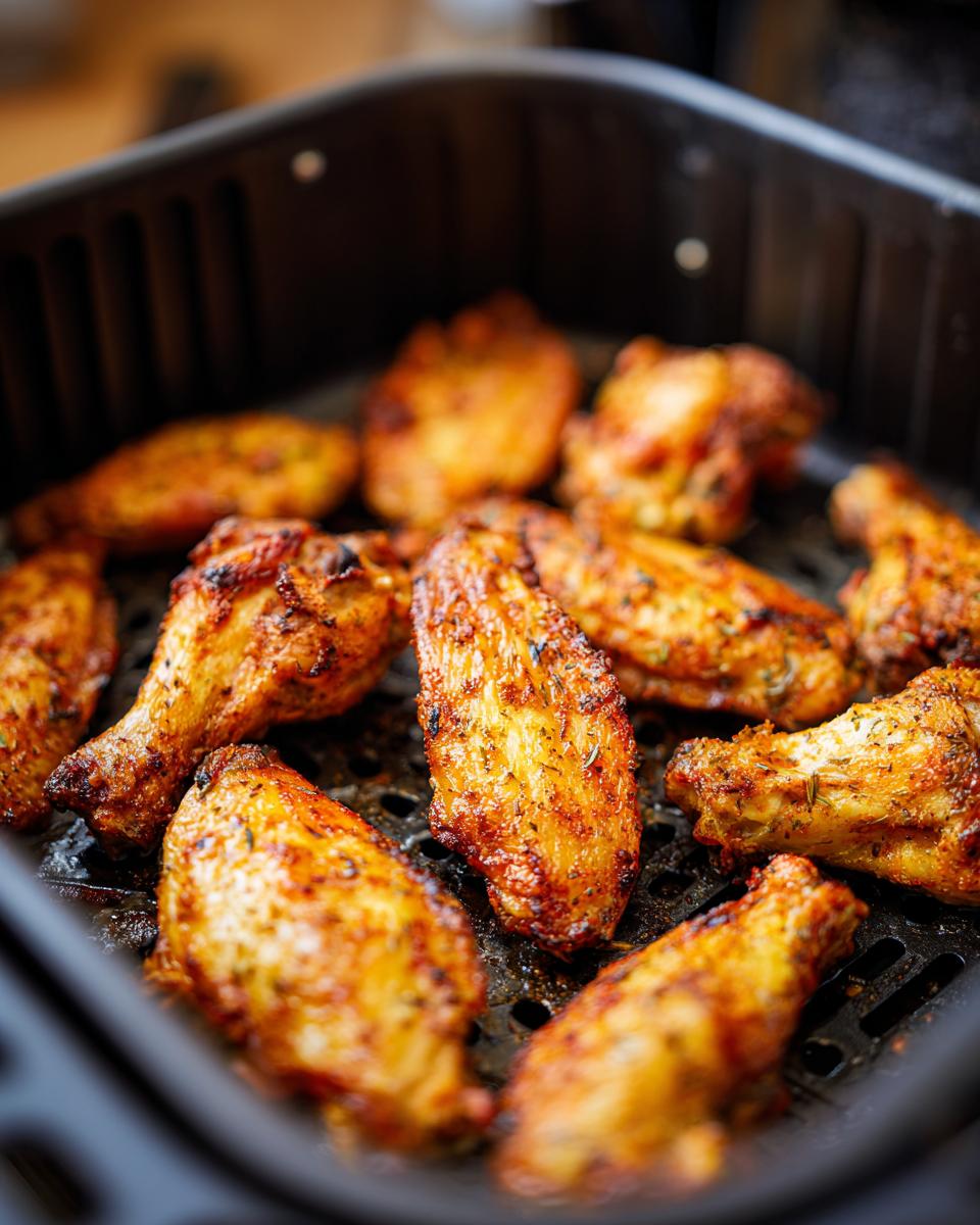 Close-up of golden brown, crispy air fryer chicken wings seasoned with herbs in an air fryer basket.