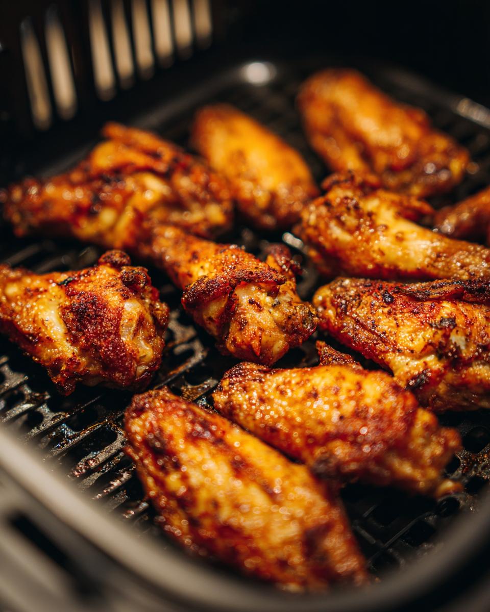 Close-up shot of golden brown, crispy air fryer chicken wings cooking in an air fryer basket.