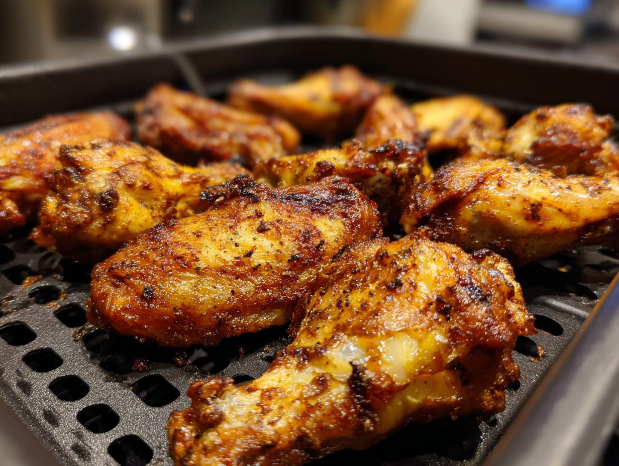 Close-up shot of perfectly cooked, crispy Air Fryer Chicken Wings arranged on an air fryer rack.