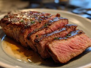 Close-up of a perfectly cooked Alton Brown London broil steak, sliced and glistening with juices and herbs.