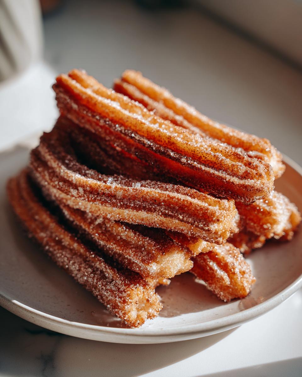 A close-up shot of a stack of freshly fried churros coated in cinnamon sugar.
