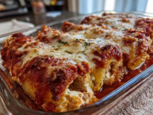 Close-up of baked stuffed shells in a glass dish, covered in marinara sauce and melted cheese.