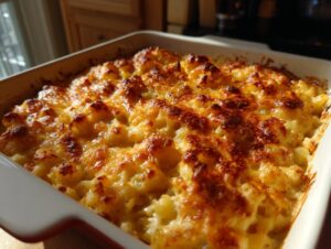 Close-up of a golden-brown, bubbly tuna casserole with a cheesy crust, fresh from the oven.