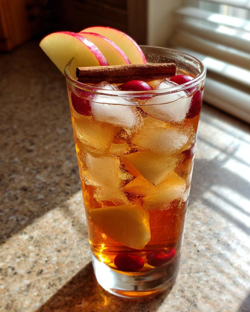 A refreshing Apple Cider Long Island Iced Tea cocktail garnished with apple slices, cranberries, and a cinnamon stick.