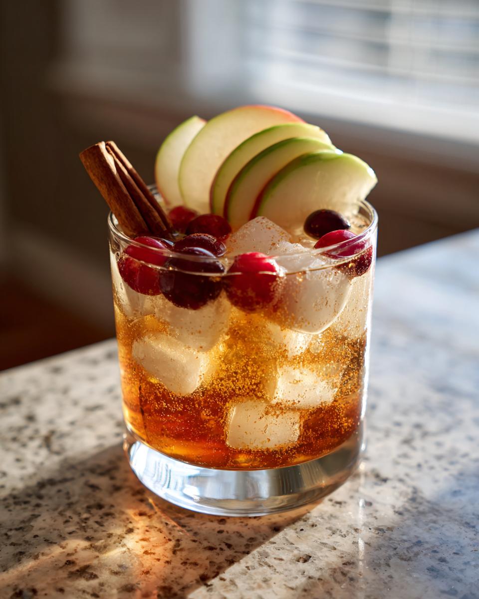 A refreshing Apple Cider Long Island Iced Tea cocktail garnished with apple slices, cranberries, and a cinnamon stick.