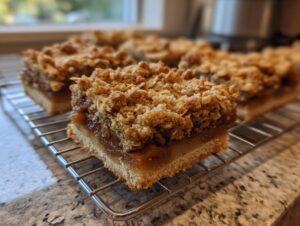 Close-up of freshly baked apple crisp bars with a crumble topping on a wire cooling rack.