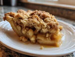 A close-up shot of a slice of warm apple crumble on a white plate, showcasing the tender apple filling and crumbly topping.