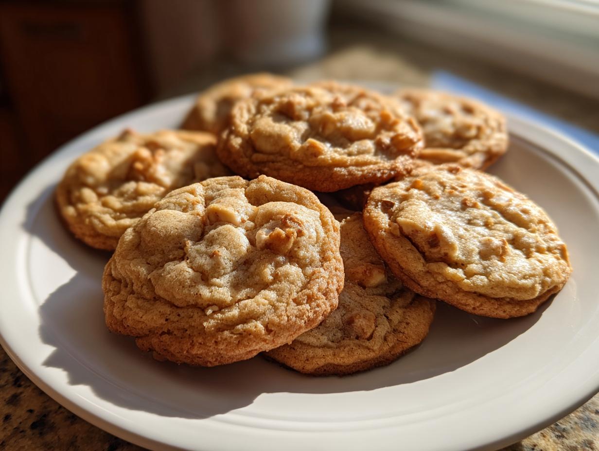 A close-up shot of a pile of golden-brown apple pie cookies on a white plate, ready to be enjoyed.