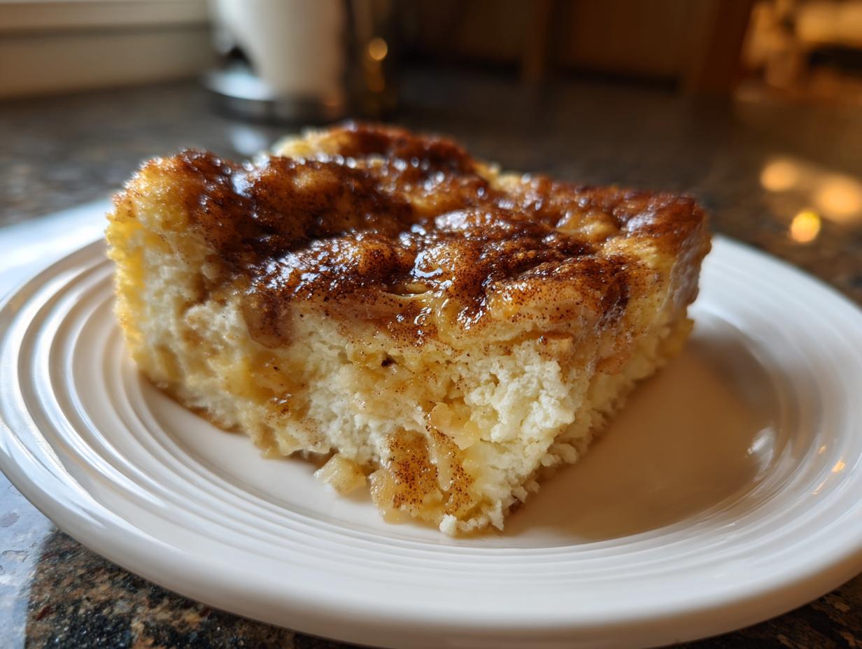 A slice of moist Apple Snickerdoodle Dump Cake on a white plate, topped with cinnamon sugar.