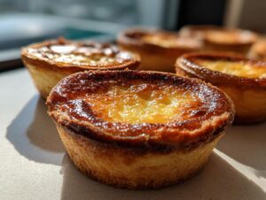 Close-up of several golden-brown baby lemon impossible pies with a glossy, custard-like filling.
