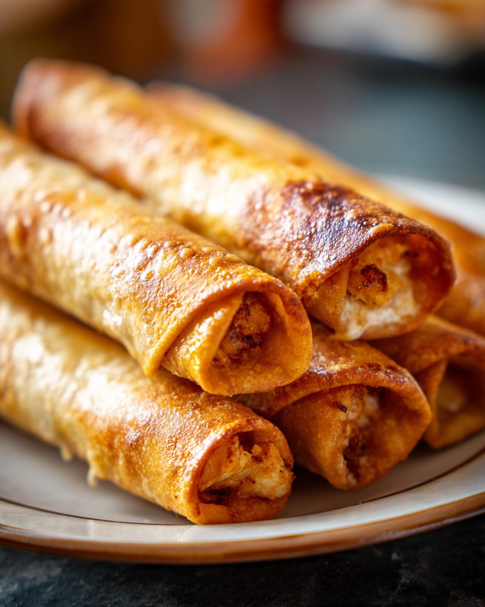 A close-up shot of golden-brown, crispy baked chicken taquitos stacked on a plate.