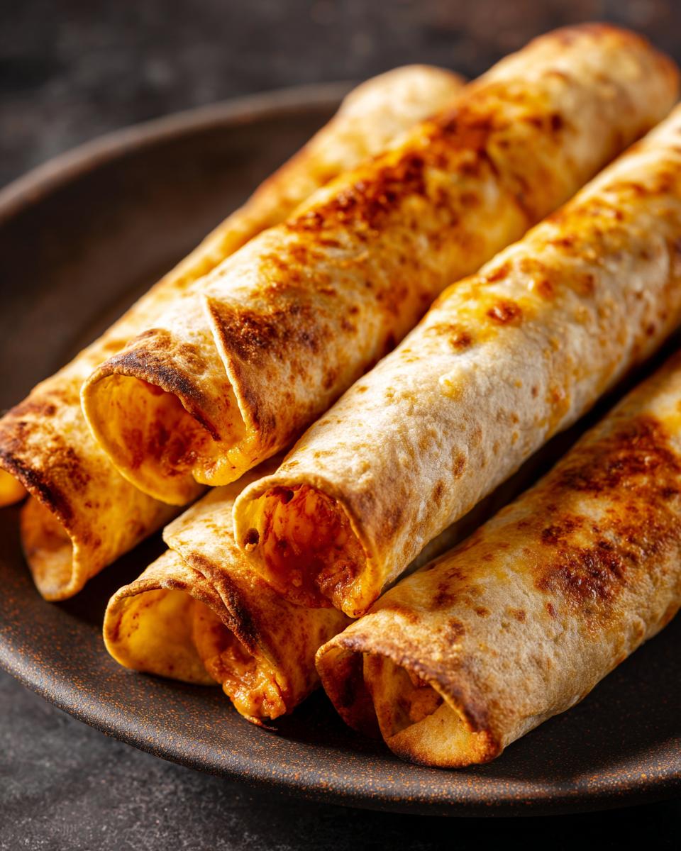 A close-up shot of several golden-brown baked chicken taquitos piled on a dark plate.