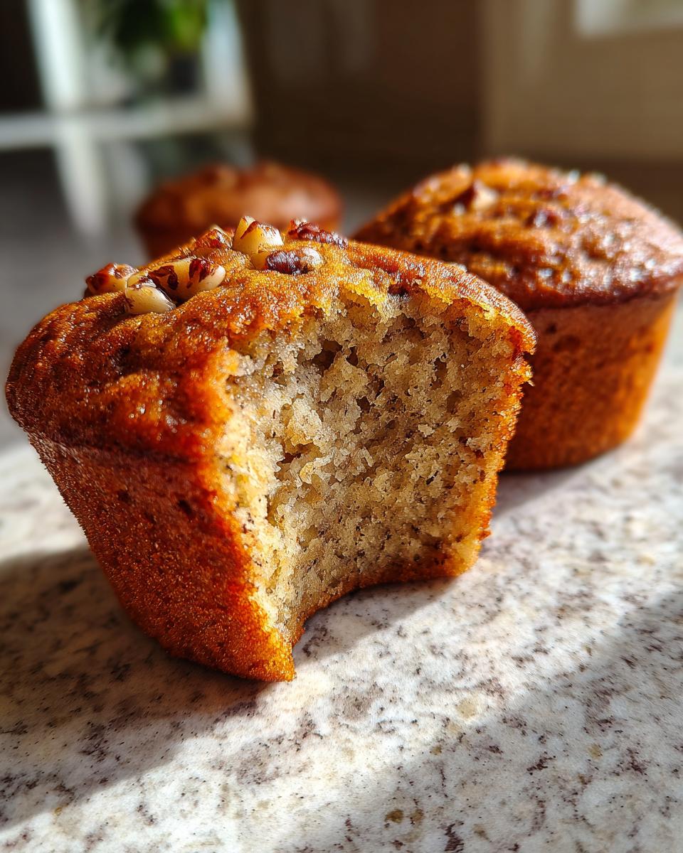 Close-up of a moist banana nut muffin with a bite taken out, topped with walnuts.