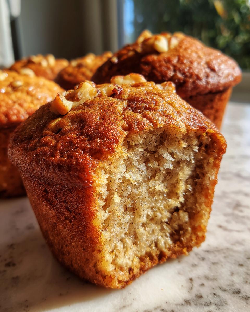 Close-up of a moist banana nut muffin with a bite taken out, showing the texture and walnuts on top.
