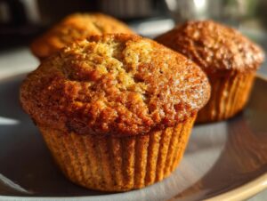 Close-up of two golden-brown banana protein muffins on a grey plate, with soft lighting.