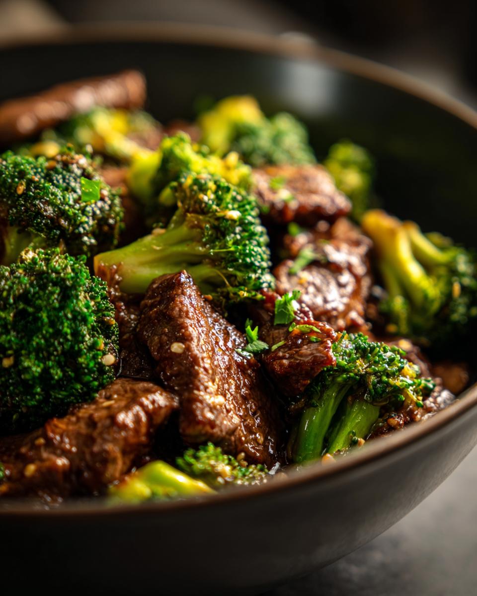 Close-up of a bowl filled with tender beef and broccoli in a glossy sauce, a delicious beef and broccoli dish.
