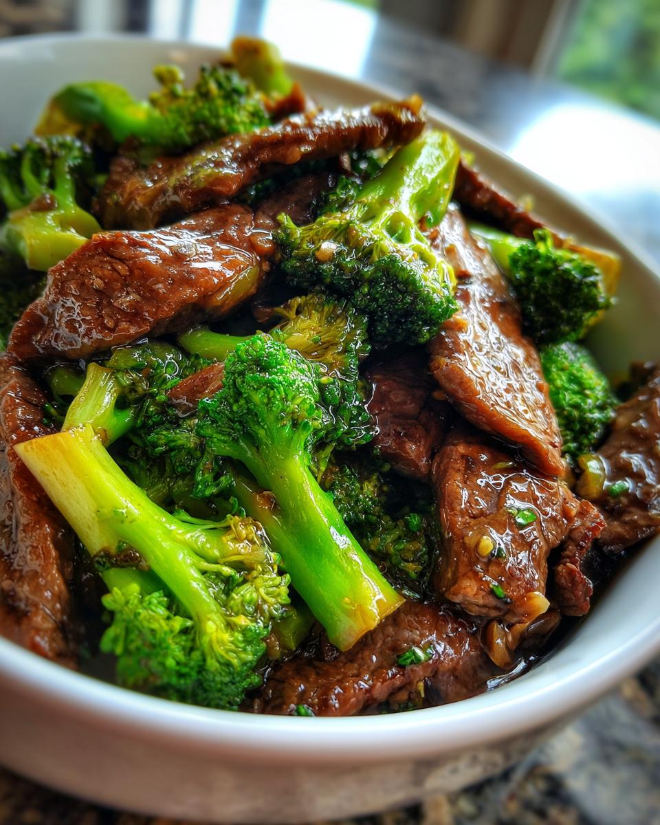 A close-up view of a white bowl filled with a savory beef and broccoli stir-fry, featuring tender slices of beef and vibrant green broccoli florets coated in a glossy sauce.