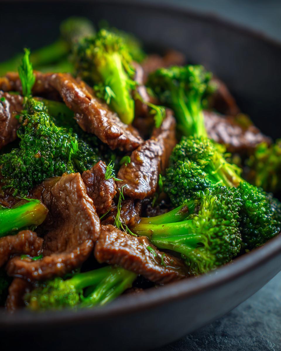 Close-up of a bowl filled with tender slices of beef and vibrant green broccoli florets, coated in a savory sauce.