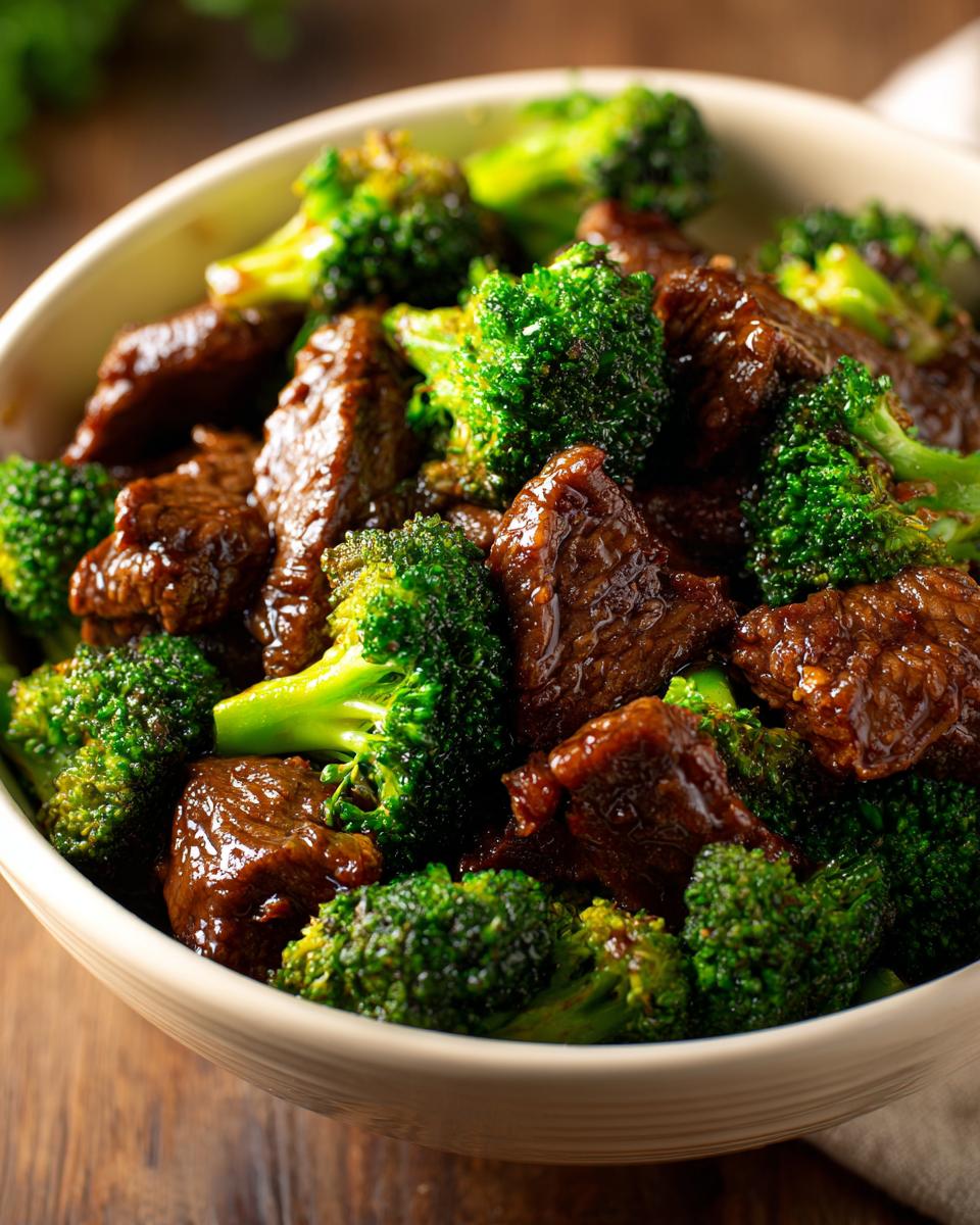 Close-up of a bowl filled with tender beef and broccoli in a glossy sauce, showcasing the delicious beef and broccoli.