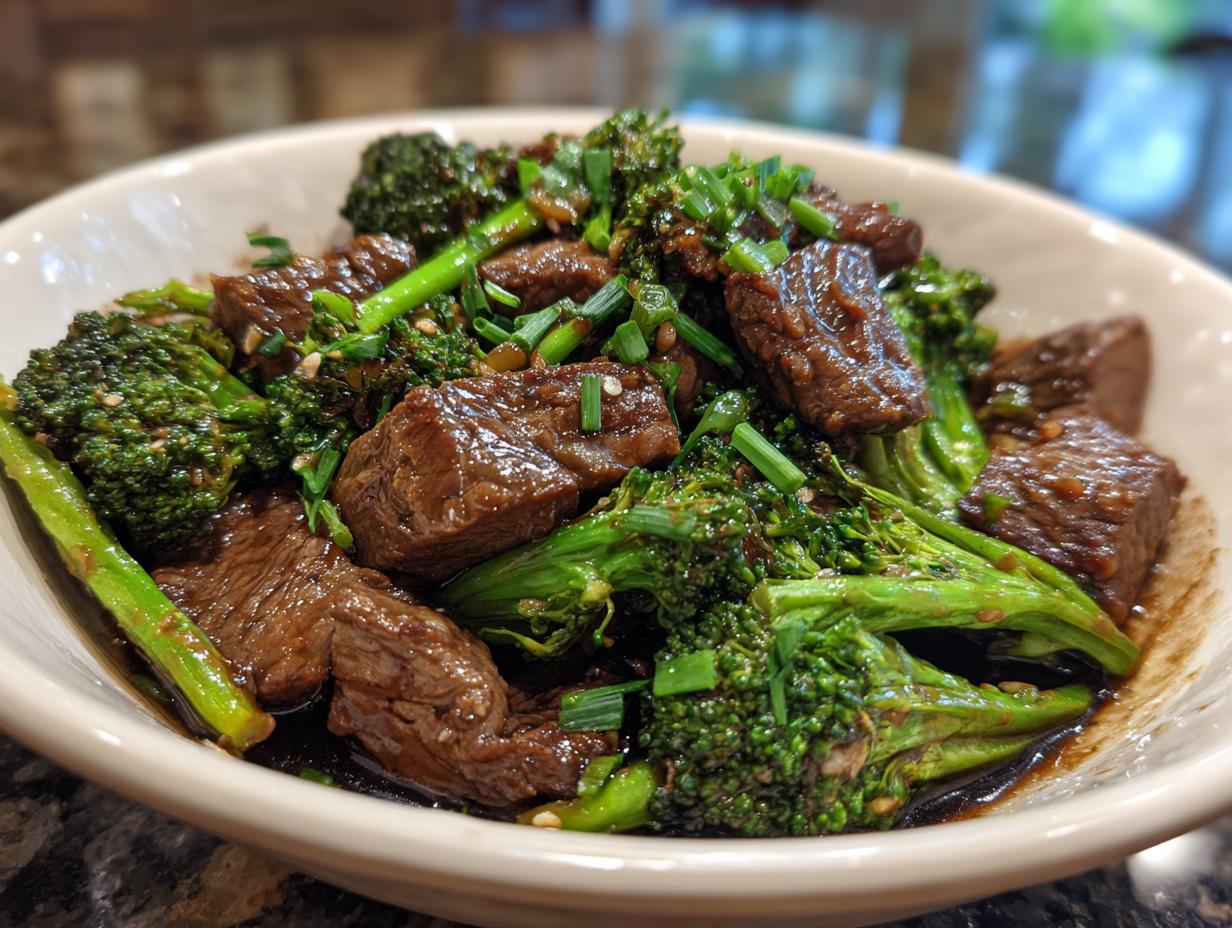 Close-up of tender beef and broccoli in a glossy sauce, garnished with chopped green onions.