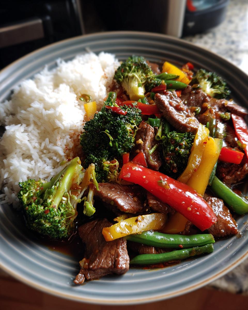 A close-up of a plate of beef stir fry with broccoli, bell peppers, green beans, and white rice.