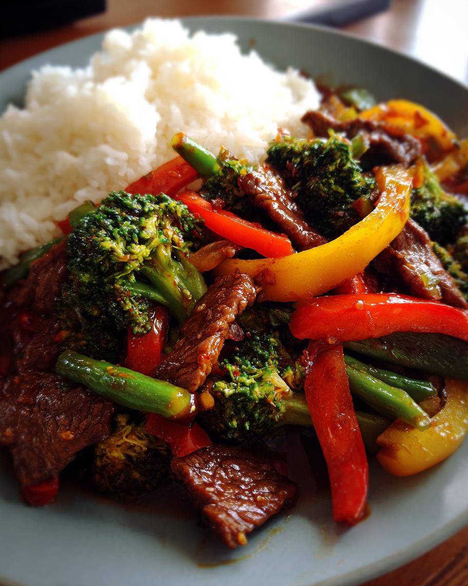 A close-up of a plate filled with a vibrant beef stir fry, featuring tender beef strips, broccoli florets, red and yellow bell peppers, and green beans, served alongside fluffy white rice.