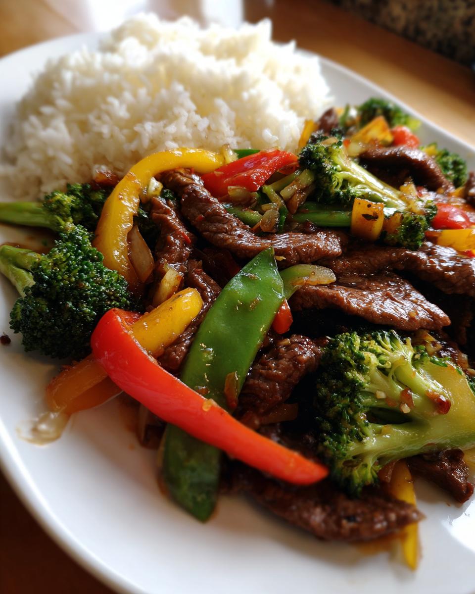 A plate of delicious beef stir fry with broccoli, bell peppers, and snow peas, served with a side of white rice.