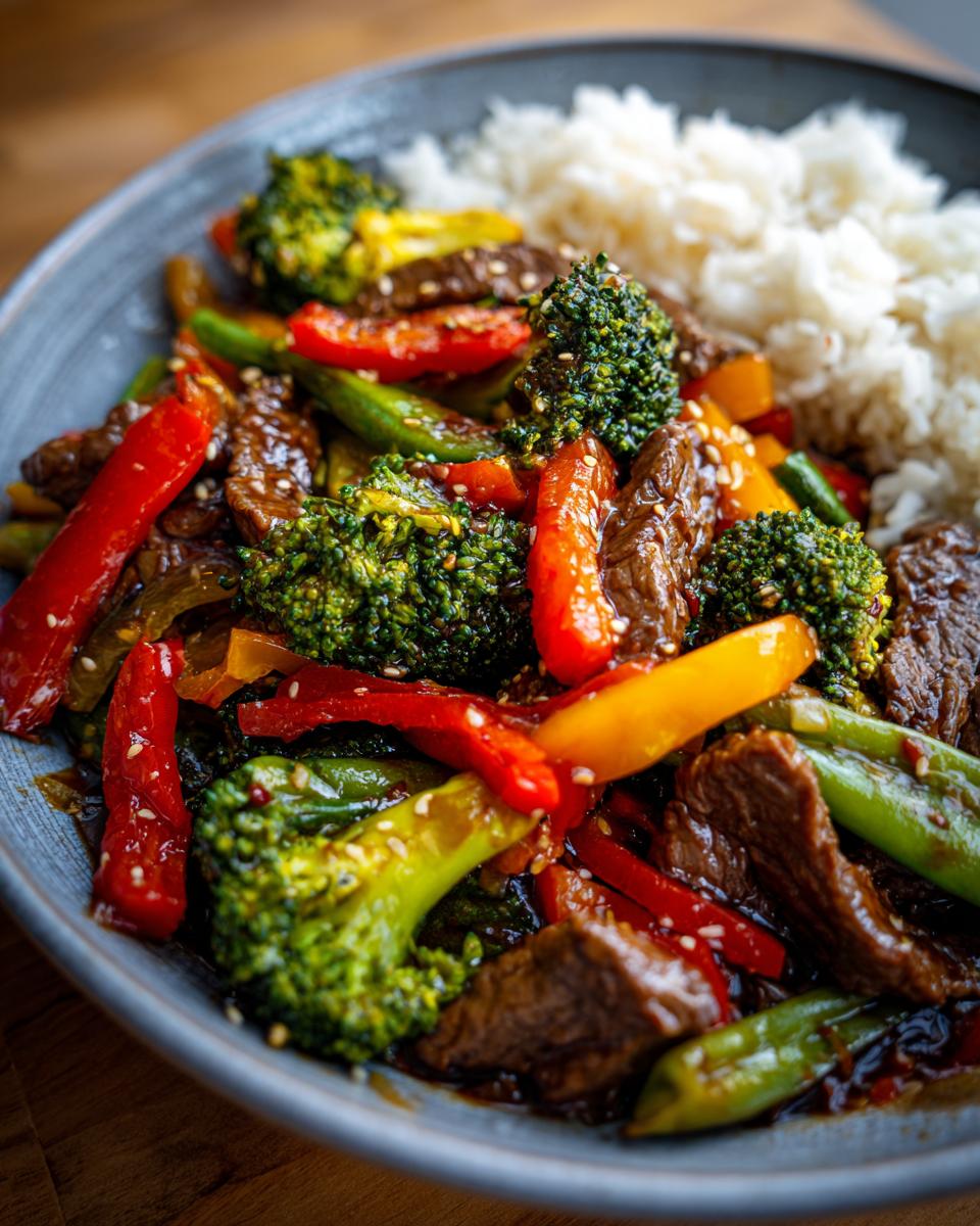 A close-up of a bowl of beef stir fry with broccoli, bell peppers, and rice, seasoned with sesame seeds.