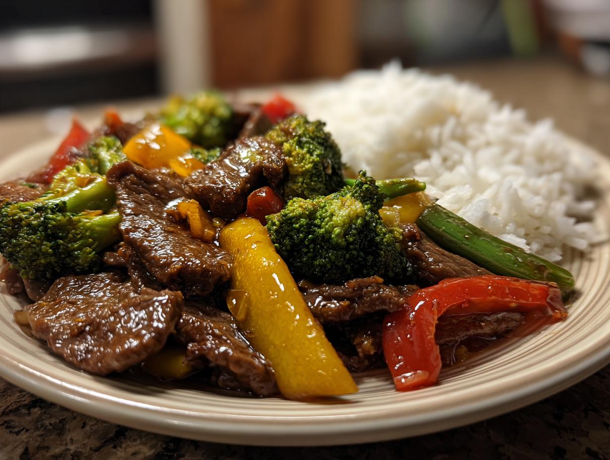 A plate of savory beef stir fry with broccoli, bell peppers, and a side of fluffy white rice.
