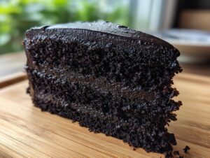 A moist slice of black velvet cake with rich dark chocolate frosting, showcasing its layers and texture.