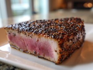 A close-up of a perfectly cooked Blackened Tuna Steak, showing its pink, flaky interior and seasoned crust.