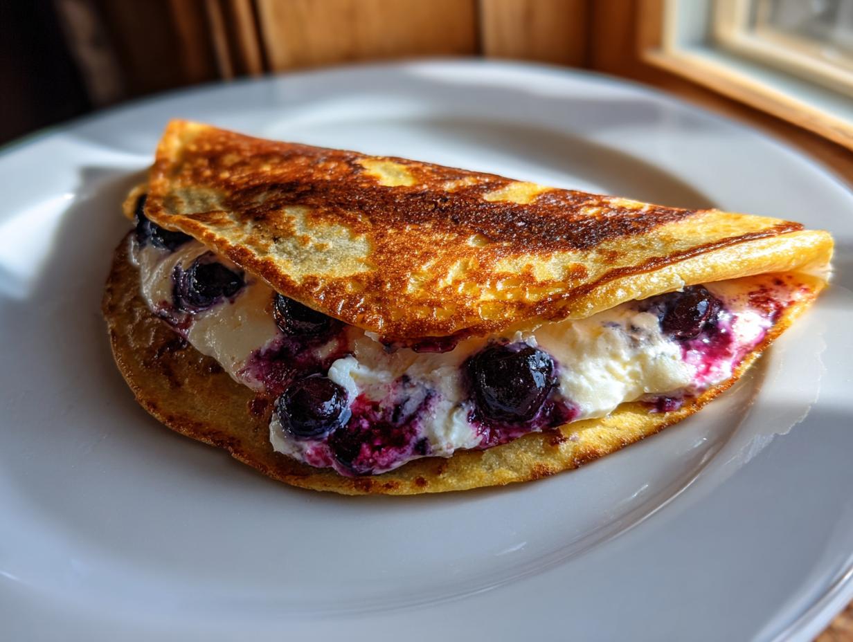 A golden-brown blueberry breakfast quesadilla filled with creamy cheese and fresh blueberries, served on a white plate.