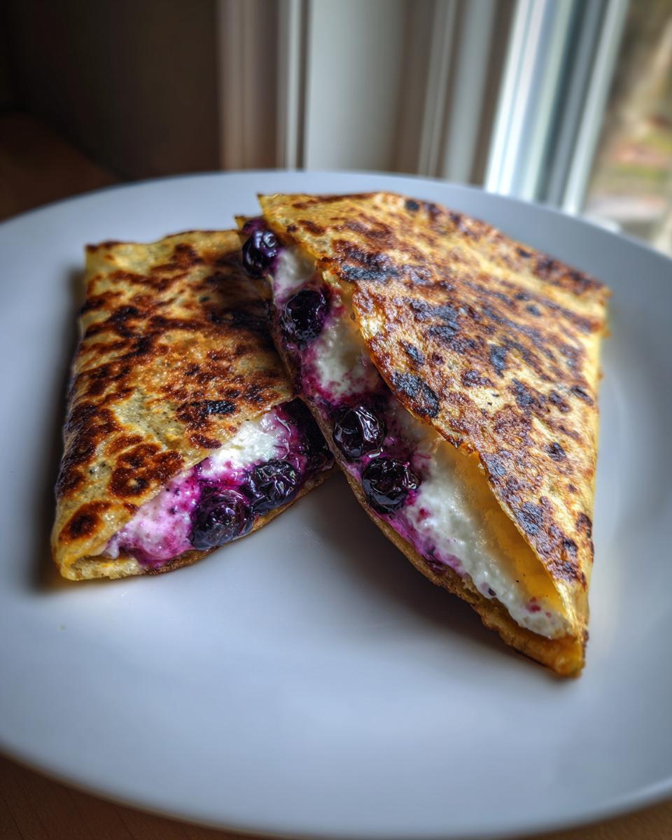 Close-up of a golden-brown blueberry breakfast quesadilla, cut in half, revealing a creamy white filling and plump blueberries.