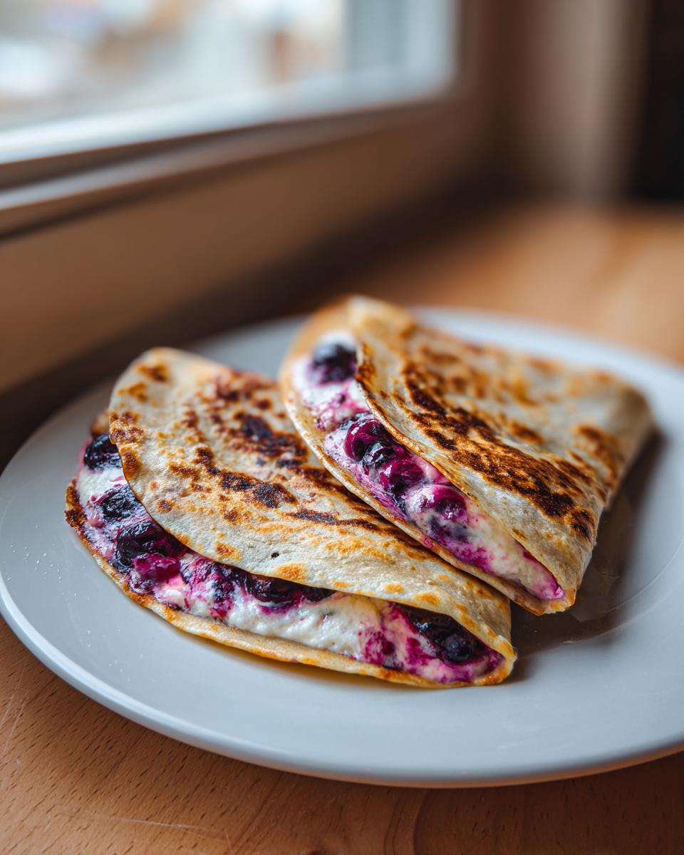 Close-up of a golden-brown blueberry breakfast quesadilla filled with creamy cheese and fresh blueberries.