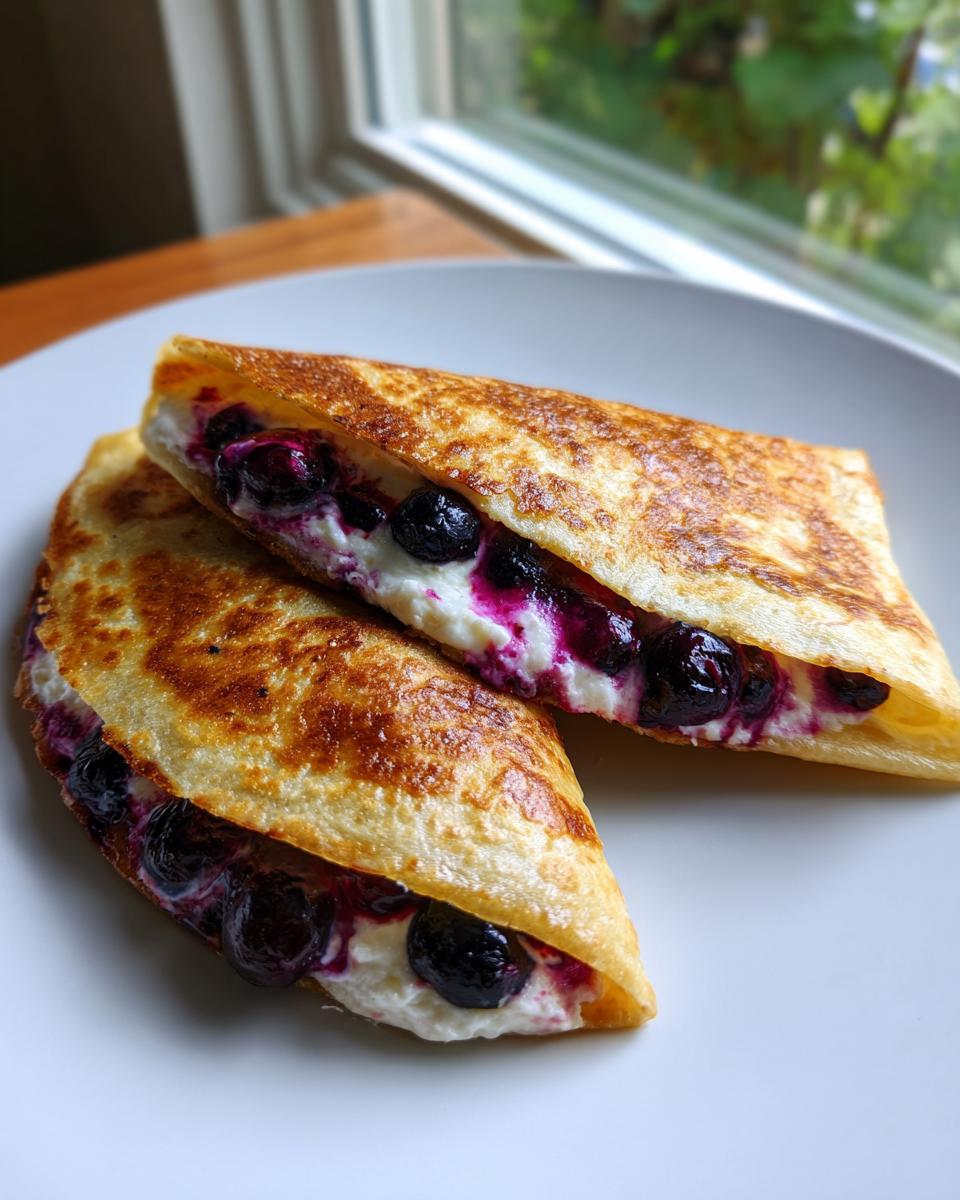 Two golden-brown halves of a blueberry breakfast quesadilla filled with creamy cheese and fresh blueberries.