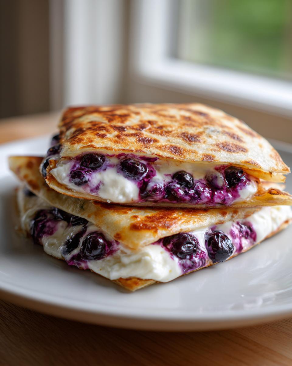 A close-up of two stacked blueberry breakfast quesadillas, showing creamy filling and fresh blueberries.