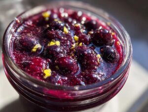 Close-up of a jar filled with glistening homemade Blueberry Jam, featuring whole blueberries and zest.