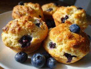 Close-up of golden-brown blueberry scones, topped with fresh blueberries and surrounded by more berries.