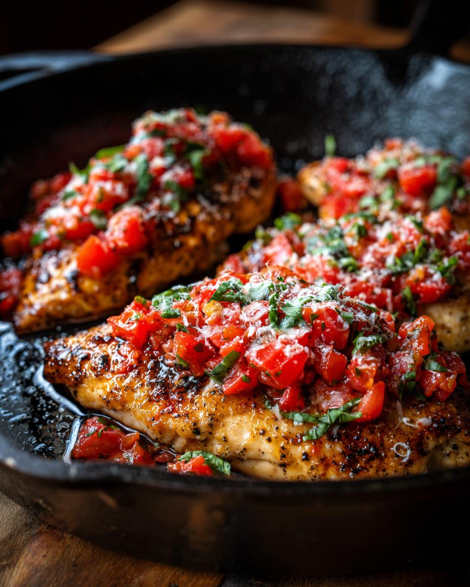Close-up of golden-brown Bruschetta chicken breasts topped with fresh tomato and basil mixture in a cast iron skillet.